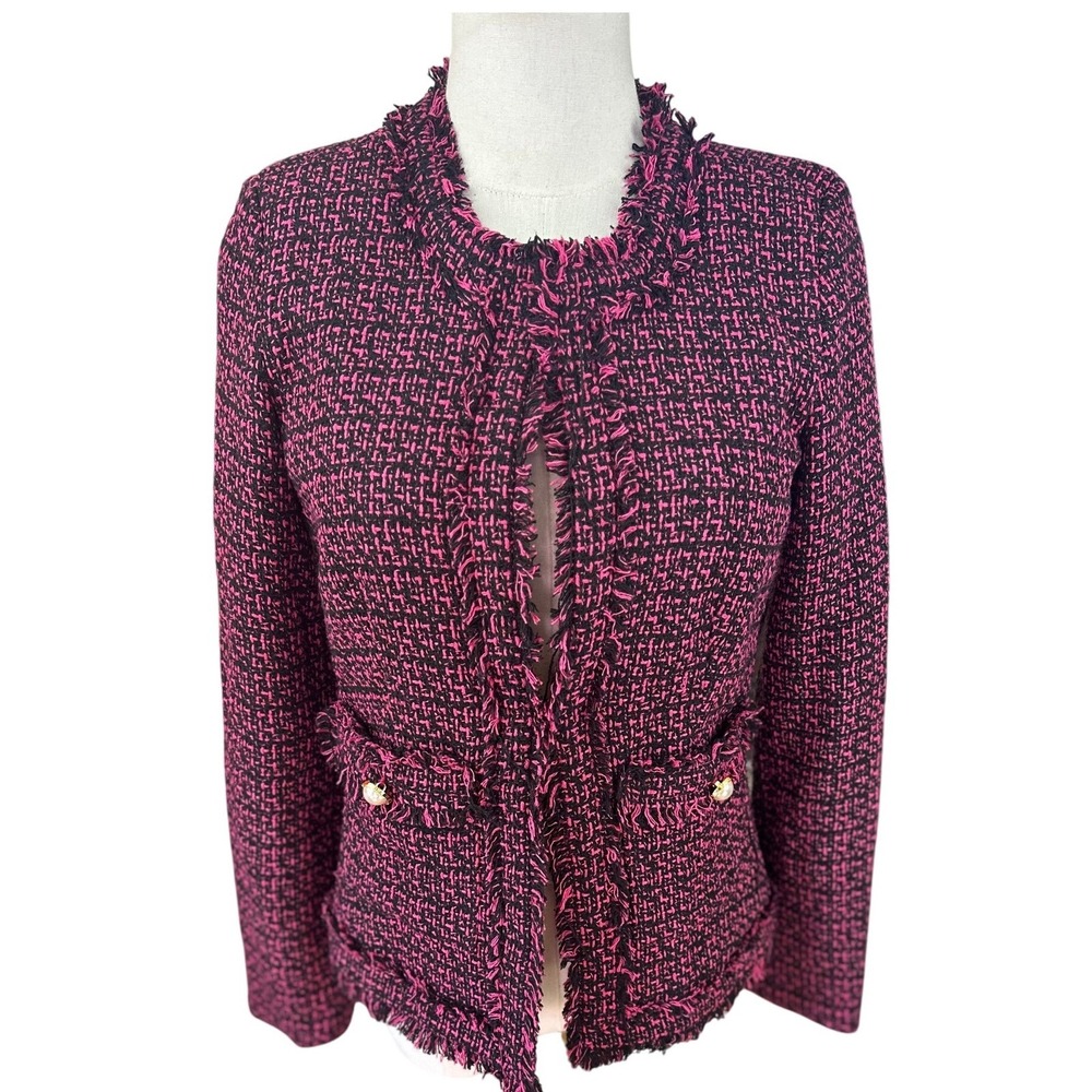 Saks Fifth Avenue Pink Black Tweed Fringe Collarless Blazer Jacket Womens XS